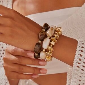 3 Neutral Vintage-Style Resin Beaded Stretch Bracelets New